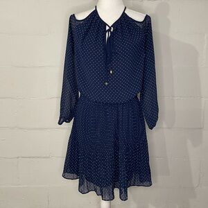 Michael Kors Navy and White Polka Dot Cold-Shoulder Long-Sleeve Dress